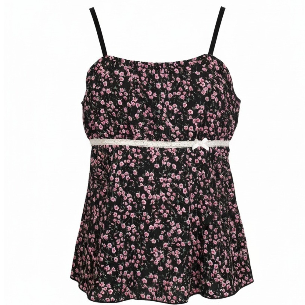 Ditzy Floral Babydoll Top Black Pink Romantic Feminine Milkmaid Y2K Style Size M